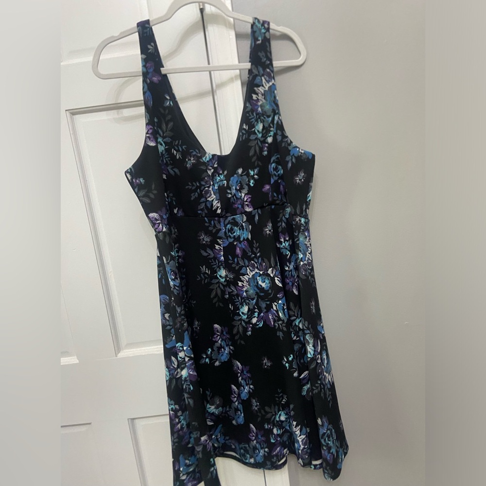 Black and blue flowery skater dress